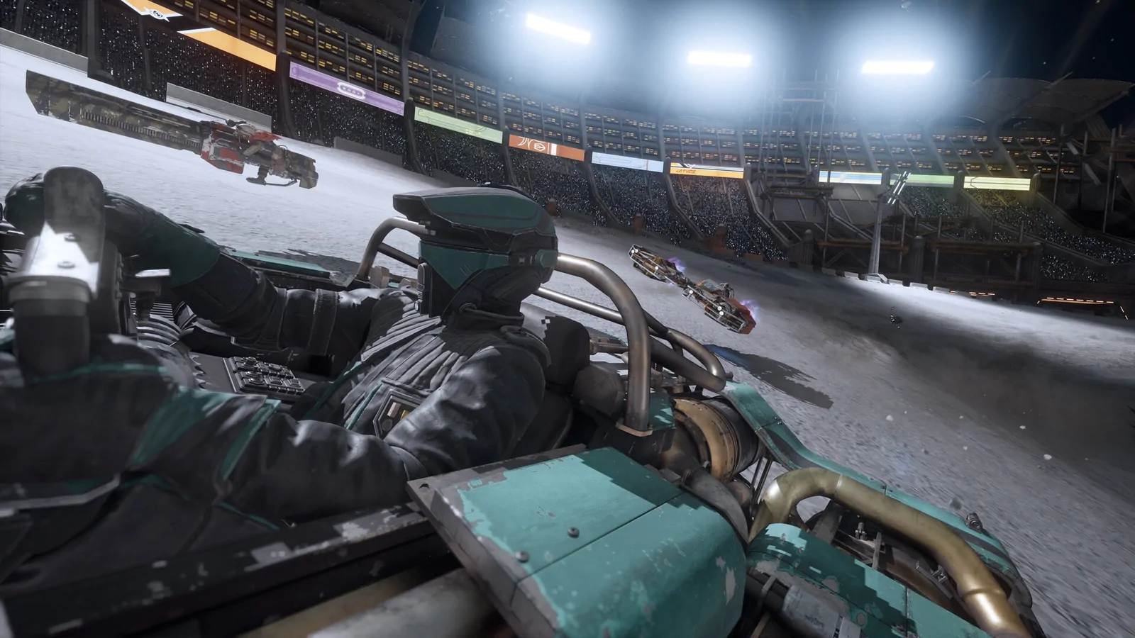 First-person cockpit view of a pilot gripping the controls of a repulsorcraft mid-race