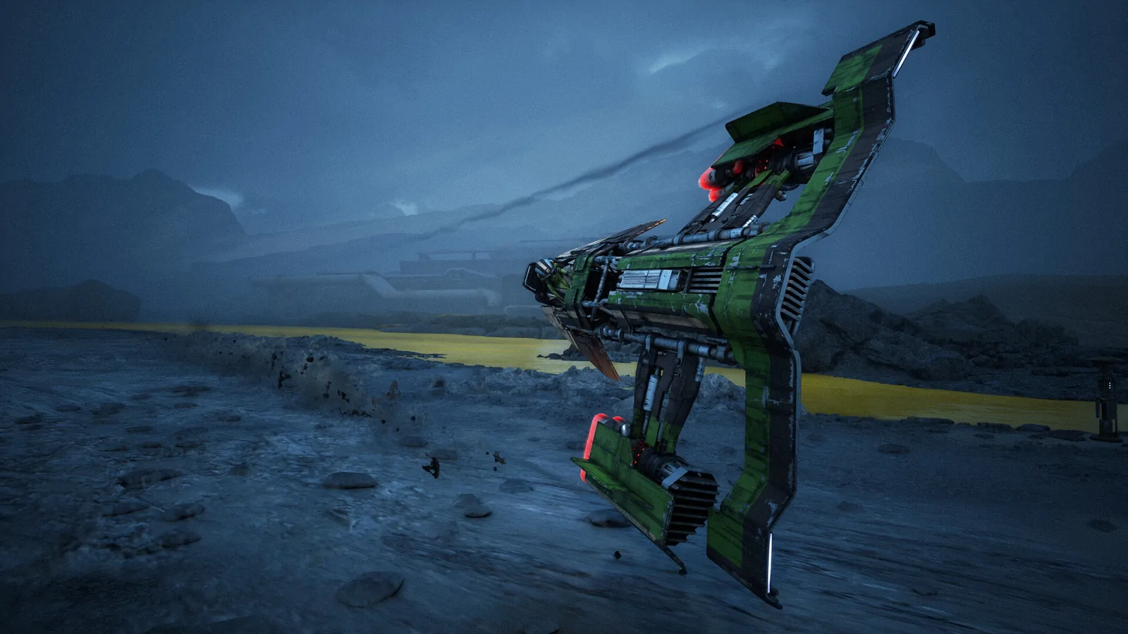 Side profile of a sleek green repulsorcraft hovering over water at dusk