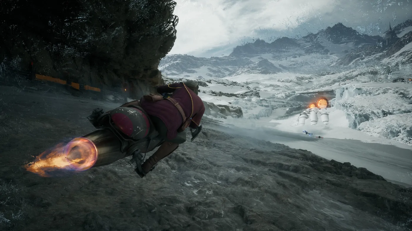 A repulsorcraft racer banking across a snowy mountain valley at speed with engines glowing