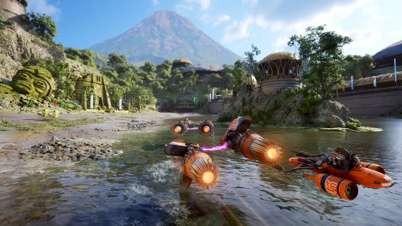 Repulsorcraft racing along a riverside track with an active volcano rising in the distance